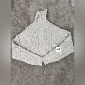 Altar’d State Heather Oatmeal Chunky Cable Knit Cropped Turtleneck Sweater